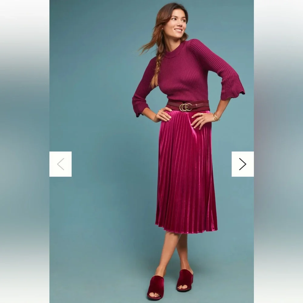 NWOT Anthropologie Maeve Pleated Velvet Fuschia Pink Gold Holiday MIDI Skirt S - Picture 2 of 6